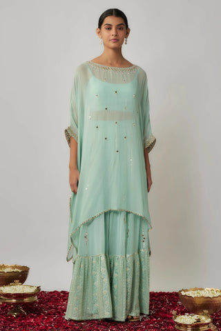 Mint sequin, mirror and thread embroidered georgette kaftan and sharara set