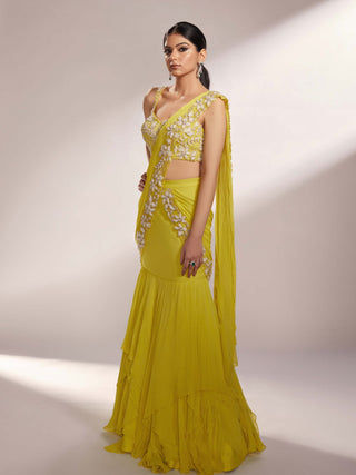 Leah lime yellow pre-draped saree and blouse