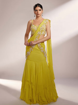 Leah lime yellow pre-draped saree and blouse