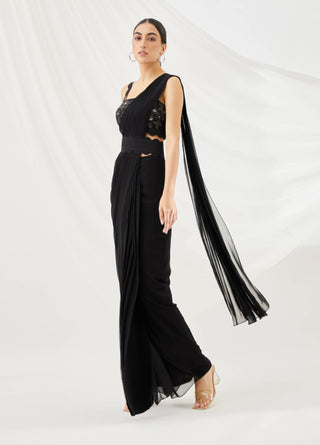 Midnight black pre-draped saree set