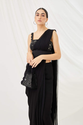 Midnight black pre-draped saree set