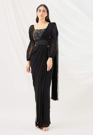 Midnight pre-draped saree set