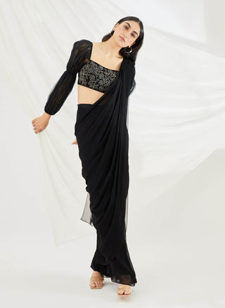 Midnight pre-draped saree set