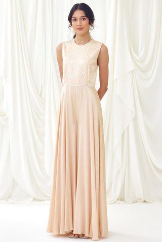 Sand flared jumpsuit with beaded bodice