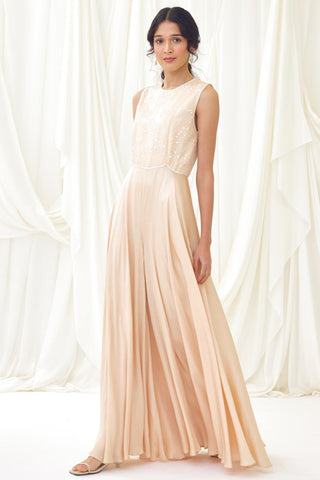 Sand flared jumpsuit with beaded bodice