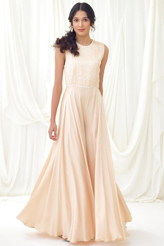 Sand flared jumpsuit with beaded bodice