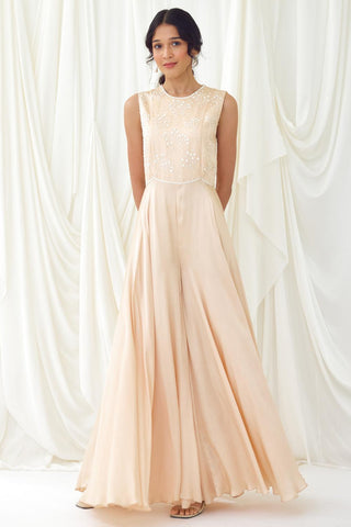 Sand flared jumpsuit with beaded bodice