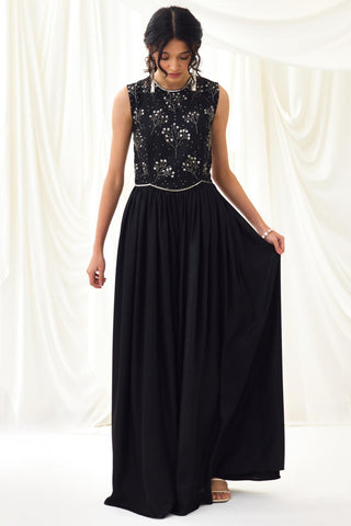 Black flared jumpsuit with beaded bodice