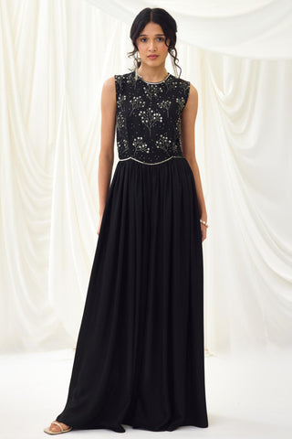 Black flared jumpsuit with beaded bodice