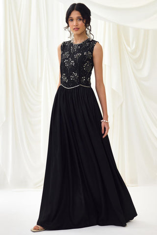 Black flared jumpsuit with beaded bodice