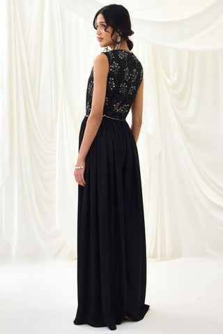 Black flared jumpsuit with beaded bodice