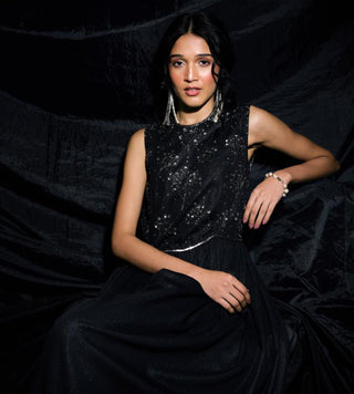 Black flared jumpsuit with beaded bodice