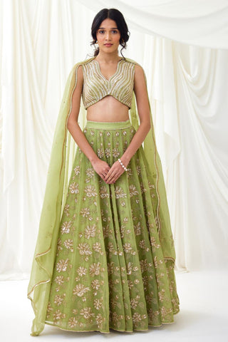 Green embroidered organza lehenga set with wave blouse