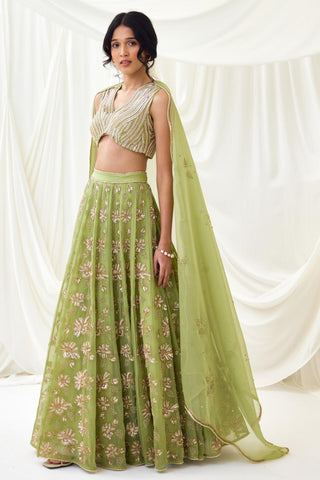 Green embroidered organza lehenga set with wave blouse