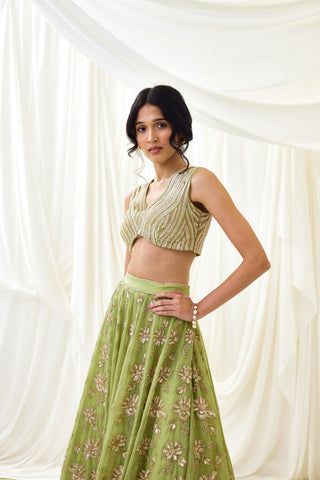 Green embroidered organza lehenga set with wave blouse