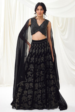 Black embroidered organza lehenga set with wave blouse