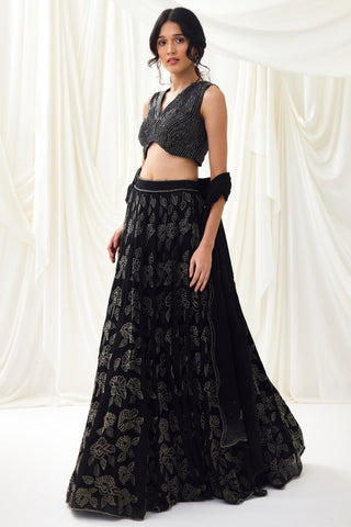 Black embroidered organza lehenga set with wave blouse