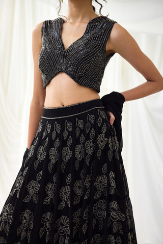 Black embroidered organza lehenga set with wave blouse