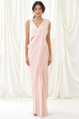 Blush pre-draped saree with crystal embellished blouse