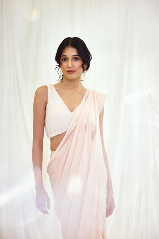 Blush pre-draped saree with crystal embellished blouse