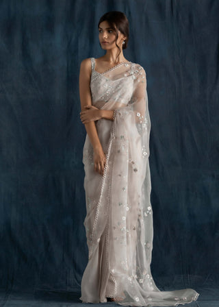 Soft gray pre-stitched saree set