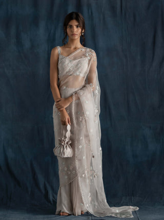 Soft gray pre-stitched saree set