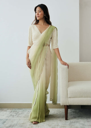 Ivory and green ombre pre-draped saree and blouse