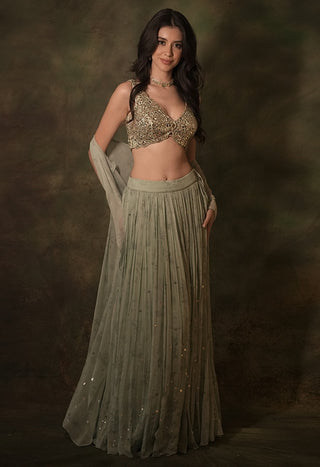 Pastel green mirror jacket and lehenga set