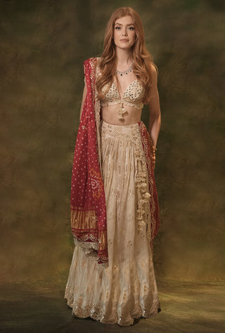 Ivory red bandhani zari lehenga set