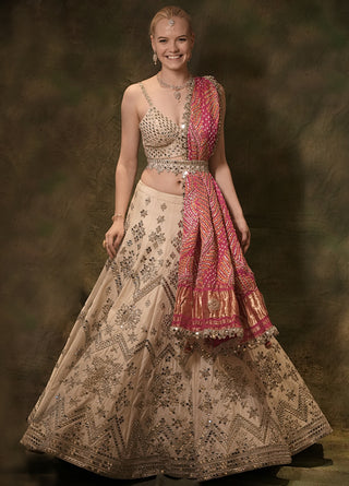 Ivory mirror bandhani lehenga set