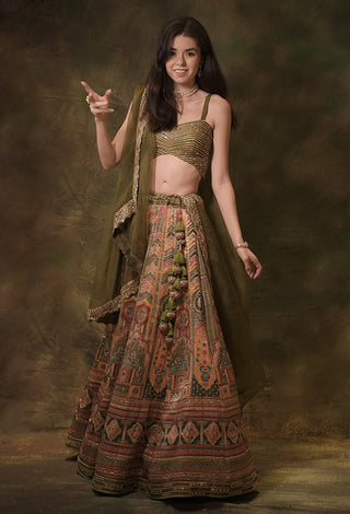 Jamdani mehendi green lehenga set