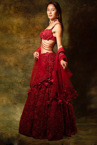 Red floral lehenga set