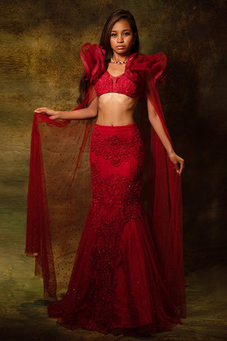 Contemporary red ruffle lehenga and blouse