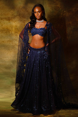 Shimmering blue trail lehenga set