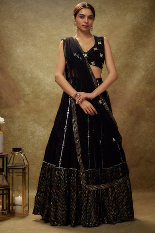 Black mirror work sequin lehenga set