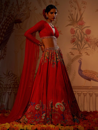 Red phulvaari silk set