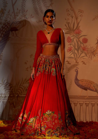 Red phulvaari silk set