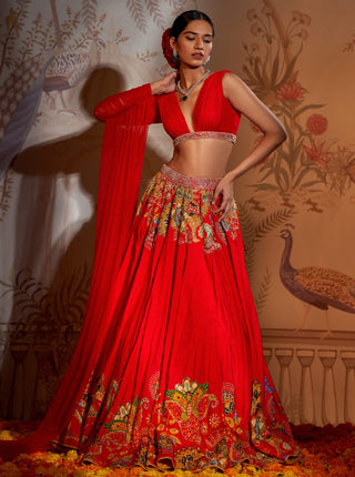 Red phulvaari silk set