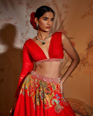 Red phulvaari silk set