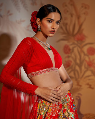 Red phulvaari silk set