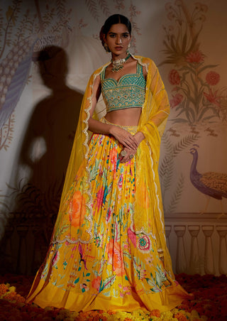 Teal yellow crepe silk  lehenga set