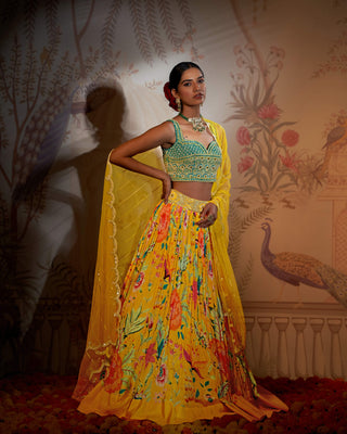 Teal yellow crepe silk  lehenga set