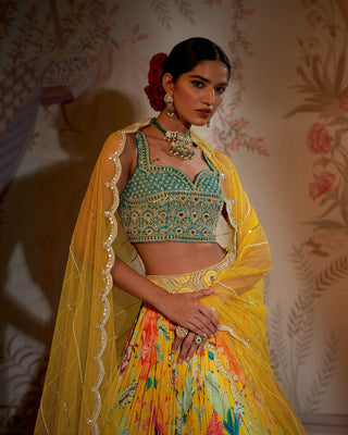 Teal yellow crepe silk  lehenga set