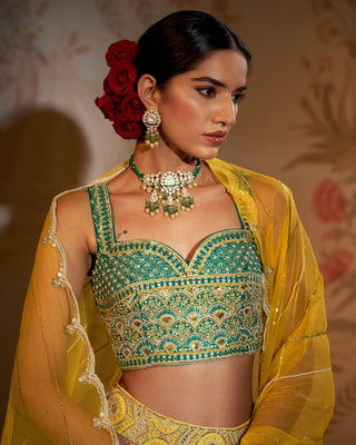 Teal yellow crepe silk  lehenga set