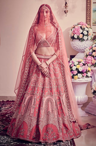 Scarlet red raw silk lehenga set