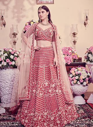 Cranberry red floral embroidered lehenga set