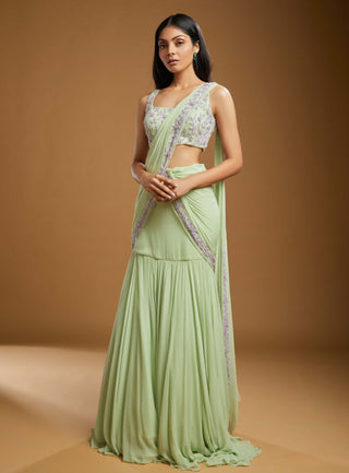 Cetra light green pre-draped saree and blouse