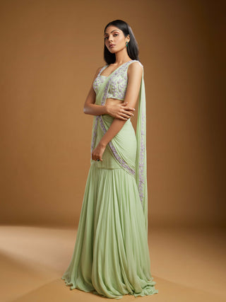 Cetra light green pre-draped saree and blouse