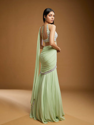 Cetra light green pre-draped saree and blouse