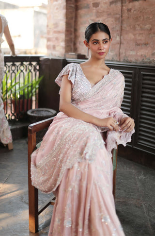 Pink tissue embroidered saree